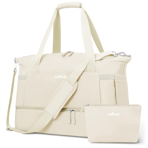 ETRONIK Gym Bag for Women, Personal Item Travel Bag with Shoes Compartment, Weekender Overnight Duffel Bag with Wet Pocket, Carry On Bag for Women, Travel, Gym, Weekend (Beige)