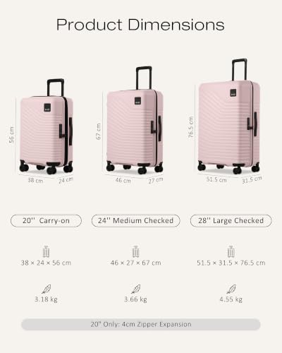 Coolife Luggage 3 Piece Set Hardside Lightweight Suitcases: Upgraded Durable PC Travel Luggage with Dual Spinner Wheels & TSA Lock, 20/24/28 (20'' Expandable Only), Pink