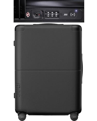 July Checked with CaseSafe - 24.5" Built in Tracking, Airline Approved Check In Luggage with Wheels, Spinner Suitcase for Men & Women - Rolling Suitcase, Spinner Wheels, Y-Strap - Charcoal