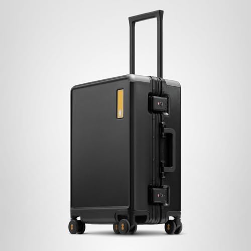 LEVEL8 Zipperless Checked Luggage with Aluminum Frame, Upgraded Medium Hardside Suitcase with Spinner Wheels, Metal Travel Luggage with Double Tsa Locks, 24 Inch, Black