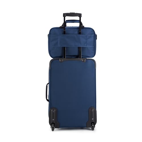 Amazon Basics Softside Luggage Set, 23-Inch Expandable Suitcase with Wheels and 15-Inch Tote, Extra Space (+15%), Front Pockets, Telescopic Handle, Navy Blue
