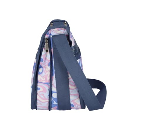LeSportsac Radiant Reflections Deluxe Everyday Crossbody Bag + Cosmetic Bag, Style 7507/Color E541, Abstract Retro Swirls & Hearts, Soft Pastels: Blue, Pink, Amethyst & Cream, Subtle Iridescent Sheen