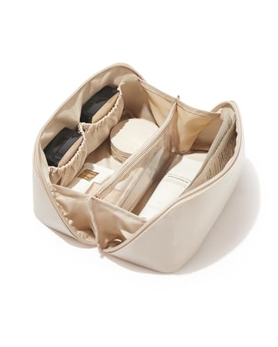 EACHY Travel Makeup Bag, Large Capacity Cosmetic Bags for Women, Waterproof Portable Open Flat Toiletry Bag Make up Bag with Divider and Handle, Christmas Gifts (White, Medium)