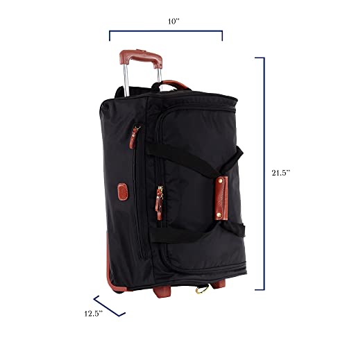 Bric’s X-Bag 21” Rolling Duffel – Water-Resistant Recycled Nylon Carry-On with Silent Wheels, Leather Details, Exterior Zipped Pocket, Garment Straps & Detachable Shoulder Strap – Black