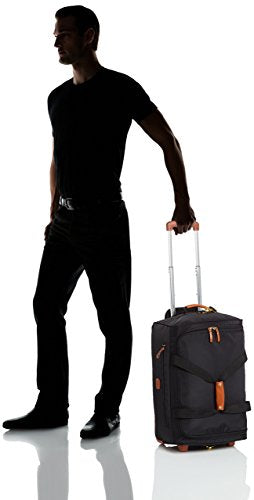 Bric’s X-Bag 21” Rolling Duffel – Water-Resistant Recycled Nylon Carry-On with Silent Wheels, Leather Details, Exterior Zipped Pocket, Garment Straps & Detachable Shoulder Strap – Black