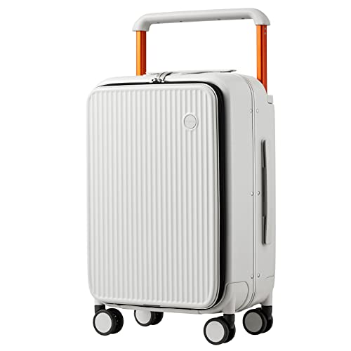 mixi Carry On Luggage 20'' Suitcase with Front Laptop Pocket, Wide Handle Rolling Travel Suitcases PC Hardshell with Aluminum Frame Spinner Wheels & TSA Lock, Carry-On Luggage(Smoke White)