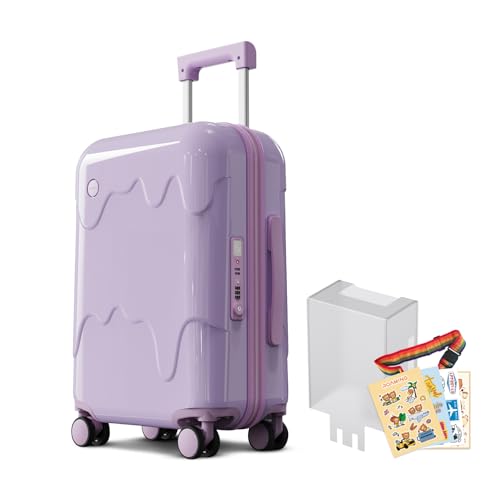 ROAMING 20-Inch Purple Carry On Luggage Airline Approved Lightweight PC Hardside Rolling Suitcase with TSA Lock Cup Holder USB Charging Port and Spinner Wheels for Women Ice cream suitcase