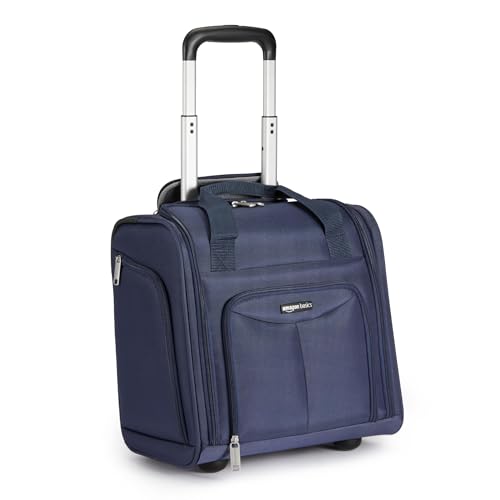 Amazon Basics Underseat Carry-On Luggage with Wheels and Handle, 14" Rolling Travel Bag, Fits Overhead Bins, Organized Compartments, Navy