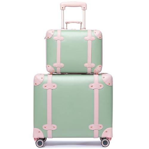Miss.Box Vintage Carry On Luggage Set with Wheels for Women, Retro Trunk Style PU Leather Suitcase with Matching Vanity Case, 14” & 18” Set