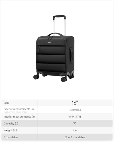 LUGGEX 18x14x8 Underseat Carry On Luggage with Spinner Wheels, UDS Softside Lightweight Suitcase for 2-Day Travel(UX-Pro, Black, 18x14x8)