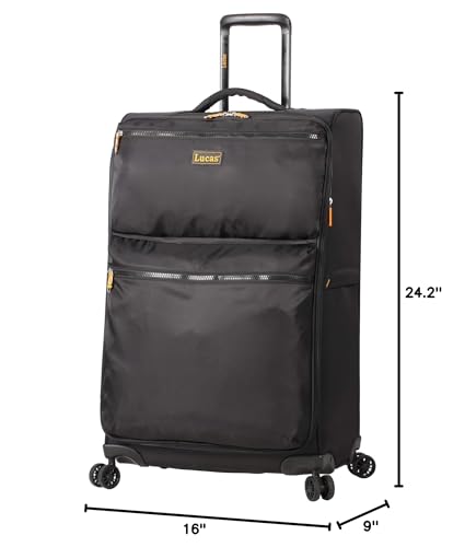 LUCAS Designer Luggage Collection - Expandable 24 Inch Softside Bag - Durable Mid-sized Ultra Lightweight Checked Suitcase with 8-Rolling Spinner Wheels (Black)