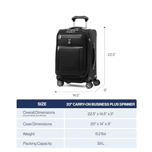 Travelpro Platinum Elite Softside Expandable Carry on Luggage, 8 Wheel Spinner Suitcase, USB Port, Laptop and Tablet Sleeves, Men and Women, Shadow Black, Carry On 20-Inch
