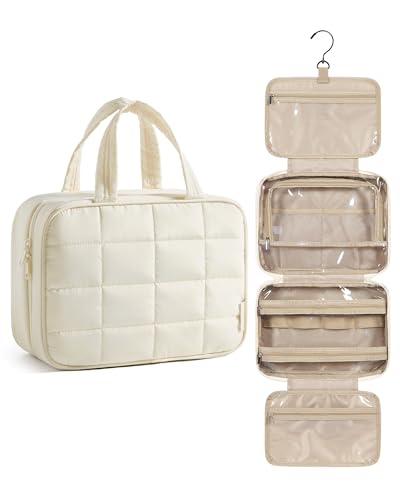 BAGSMART Travel Toiletry Bag for Womne, Hanging Travel Bag for Toiletries, Puffy Makeup Cosmetic Bag Organizer, Carry-on Travel Accessories Essentials, Beige