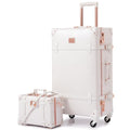 urecity 20" Rose White Vintage Luggage Set 2 Piece, Aluminum Frame Retro Carry On Suitcase with Cosmetic Case, Vegan Leather Spinner Trunk for Women (Clear Cover Included)