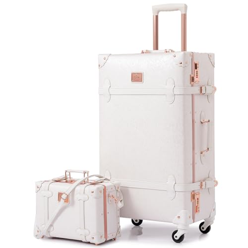 urecity 20" Rose White Vintage Luggage Set 2 Piece, Aluminum Frame Retro Carry On Suitcase with Cosmetic Case, Vegan Leather Spinner Trunk for Women (Clear Cover Included)