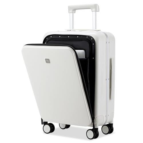 Hanke 24 Inch Checked Luggage with Front Pocket Aluminum Frame （Can Not Open in The Middle）Hard Shell Suitcases with Wheels Rolling Luggage Suitcase with Lock Travel Luggage for Weekender-Smoke White