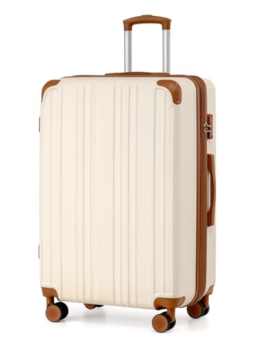 Coolife Luggage Expandable(only 28") Suitcase PC+ABS Spinner 20in 24in 28in Carry on (apricot white, L(28in))