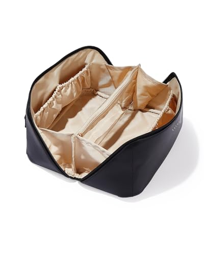 EACHY Travel Makeup Bag,Large Capacity Cosmetic Bags for Women,Waterproof Portable Pouch Open Flat Toiletry Bag Make up Bag with Divider and Handle, Gifts for Women (Black, Medium)