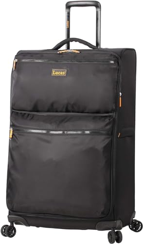 LUCAS Designer Luggage Collection - Expandable 28 Inch Softside Bag - Durable Large Ultra Lightweight Checked Suitcase with 8-Rolling Spinner Wheels (Black)