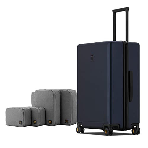 LEVEL8 Elegance Checked Luggage, 24 Inch Hardside Suitcase, Lightweight Matte Hardshell with Tsa Lock, Large Suitcases with Spinner Wheels, Navy Blue
