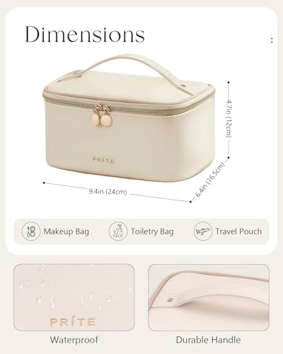 Prite Makeup Bag, Large Capacity Cosmetic Bag for Women and Girls, Waterproof PU Leather Travel Makeup Case, Toiletry Organizer with Handle and Divider for Skincare and Brushes - Beige