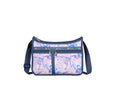 LeSportsac Radiant Reflections Deluxe Everyday Crossbody Bag + Cosmetic Bag, Style 7507/Color E541, Abstract Retro Swirls & Hearts, Soft Pastels: Blue, Pink, Amethyst & Cream, Subtle Iridescent Sheen