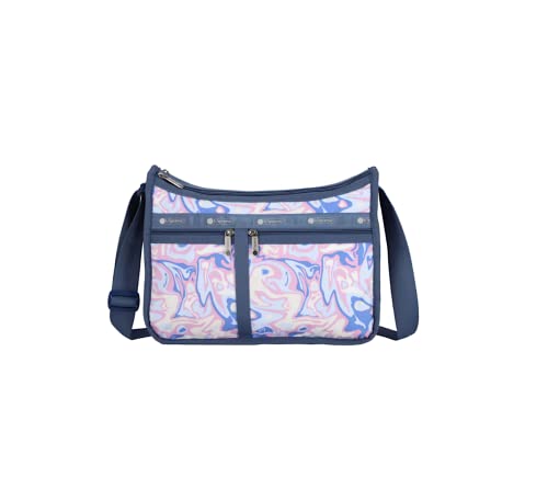 LeSportsac Radiant Reflections Deluxe Everyday Crossbody Bag + Cosmetic Bag, Style 7507/Color E541, Abstract Retro Swirls & Hearts, Soft Pastels: Blue, Pink, Amethyst & Cream, Subtle Iridescent Sheen