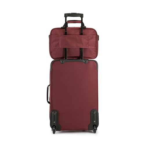 Amazon Basics 2-Piece Softside Luggage Set, 23-Inch Expandable Suitcase with Wheels and 15-Inch Tote, Front Pockets, Telescopic Handle, Burgundy