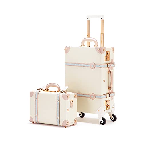 COTRUNKAGE Vintage Suitcases Set on Wheels, 20 Inch White Carry-on Luggage 2 Piece Set with 13" Hard Shell Train Case Womens, Cream White