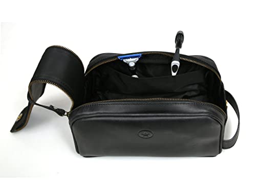 10" Premium Leather Toiletry Travel Pouch With Waterproof Lining Black Color | King-Size Handcrafted Vintage Shaving Kit By Aaron Leather Goods (Florida Black)