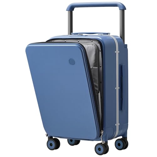 mixi Carry On Luggage Wide Handle Luxury Design Rolling Travel Suitcase PC Hardside with Aluminum Frame Hollow Spinner Wheels, with Cover, 20 inch, Sapphire Blue