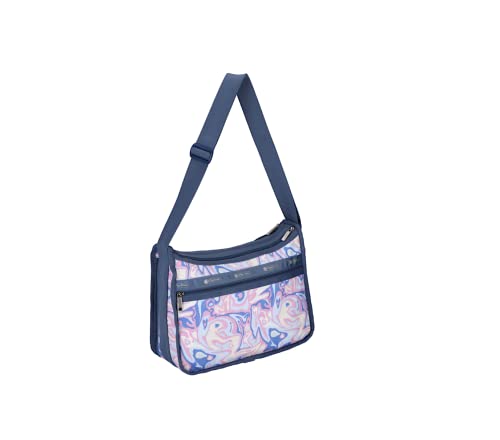 LeSportsac Radiant Reflections Deluxe Everyday Crossbody Bag + Cosmetic Bag, Style 7507/Color E541, Abstract Retro Swirls & Hearts, Soft Pastels: Blue, Pink, Amethyst & Cream, Subtle Iridescent Sheen