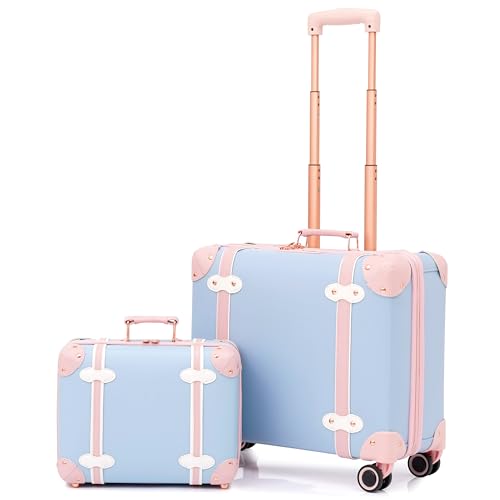 Miss.Box Vintage Carry On Luggage Set with Wheels for Women, Retro Trunk Style PU Leather Suitcase with Matching Vanity Case, 14” & 18” Set
