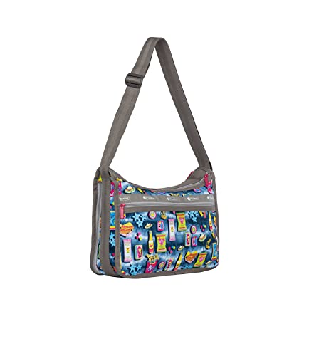 LeSportsac Beach Snacks Deluxe Everyday Crossbody Bag + Cosmetic Bag, Style 7507/Color F949, Vibrant Pop Art Style Beachy Graphics: Hot Dogs, French Fries & Tropical Drinks, Unique Hot Pink Zip Pull