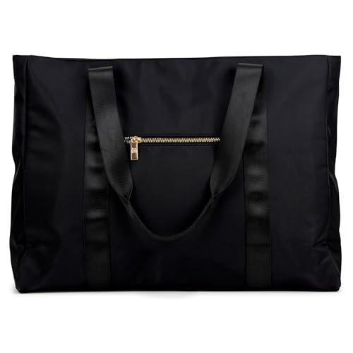 BADGLEY MISCHKA Uncomplicated Nylon Weekender Travel Bag with Sage Neoprene Crossbody Belt Bag, Lightweight Duffel Tote Set for Women, Carry On Overnight Bag (Black)