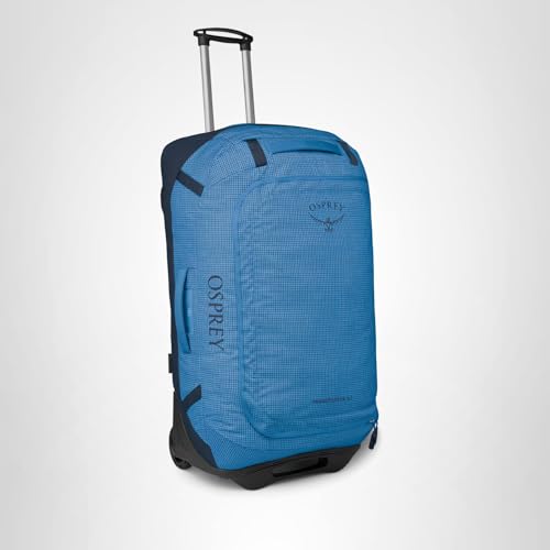 Osprey Transporter 90L Wheeled Travel Duffel Bag - Large Lightweight Rolling Suitcase for Men and Women, Blue Flame/Nocturnal Blue