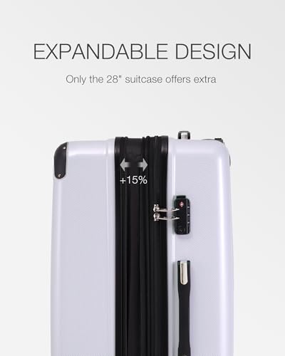 Coolife Luggage Expandable(only 28") Suitcase PC+ABS Spinner 20in 24in 28in Carry on (white grid new, 5 piece set)