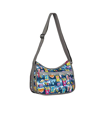LeSportsac Beach Snacks Classic Hobo Crossbody Bag + Cosmetic Bag, Style 7520/Color F949, Vibrant Pop Art Style Beachy Graphics: Hot Dogs, French Fries & Tropical Drinks, Unique Hot Pink Zip Pull