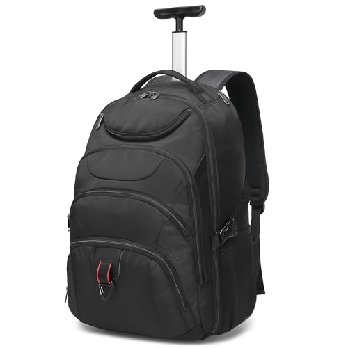 Boavan Rolling Backpack,17 inch Water Resistant Wheeled Backpack,Carry on Luggage Business Bag, Overnight College Computer Trolley Suitcase for Men Women Adults to Travel，Black