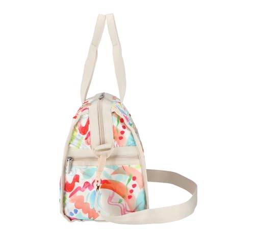 LeSportsac Abstract Canvas Deluxe Medium Weekender Crossbody Bag, Style 4318/Color E838, Vibrant Tropical Watercolor Style Brushstrokes Unite in Eclectic Modern Interpretive Wearable Art in Motion