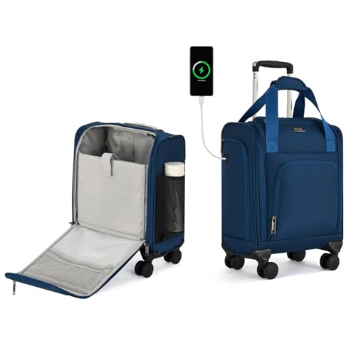 MILADA Underseat Carry On Luggage with Wheels, Airline Approved 16-inch Spinner Small Suitcase, Softside Travel Luggage, Personal Item Overnight Bag, Business Mini Suitcase for Women and Men, Blue