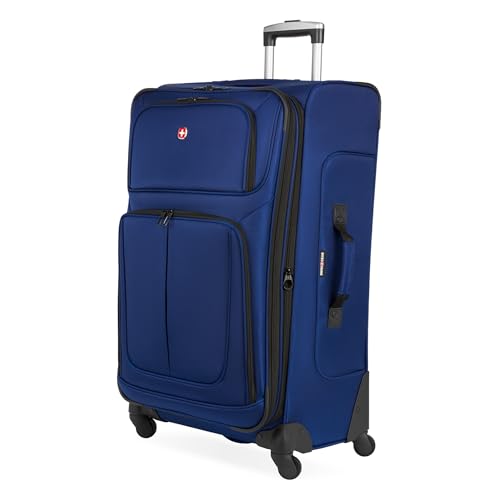 SWISSGEAR Sion Softside Expandable Spinner Luggage Durable Lightweight Travel Suitcase, Blue, Checked-Large