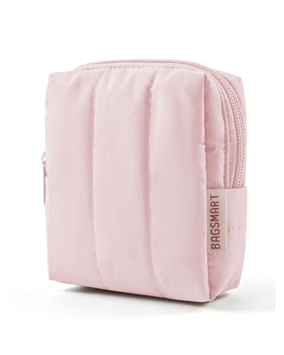 BAGSMART Small Travel Makeup Bag for Purse Toiletry Pouch, Puffy Padded Mini Cosmetics Bag, Cute Make Up Pouch for Women with Slip-in Pocket, Travel Essentials for Toiletries, Baby Pink
