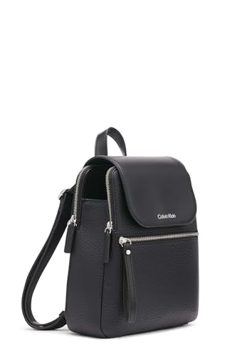 Calvin Klein Reyna Novelty Key Item Flap Backpack, Black/Silver Hampton Pebble, One Size