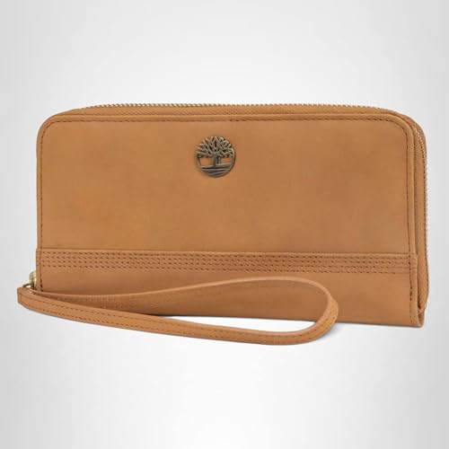 Timberland Women's Leather Rfid Zip Around Wallet Clutch With Wristlet Strap, Wheat (Nubuck), One Size