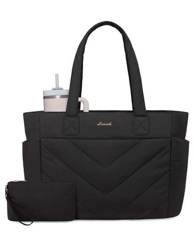 LOVEVOOK Tote Travel Bag for Women, Puffer Work Handbag with Zipper for Teacher Nurse, Quilted Laptop Shoulder Bag Cute for School Gym, Black