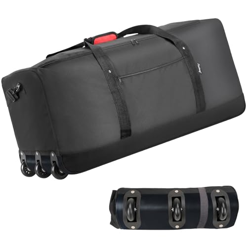 Finnhomy 120L Foldable Rolling Duffel Bag with 3 Wheels, Light Weight Travel Duffel bag with Large Loading Capacity, 32'' Rolling Duffel bag with Shoulder Strap (Black)