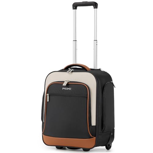 mixi 16 Inch Underseat Carry-On Luggage, Softside Suitcase with Wheels, Fashion Lightweight Water-Resistant Personal Item Travel Bag for Short Trips, Black-Off white