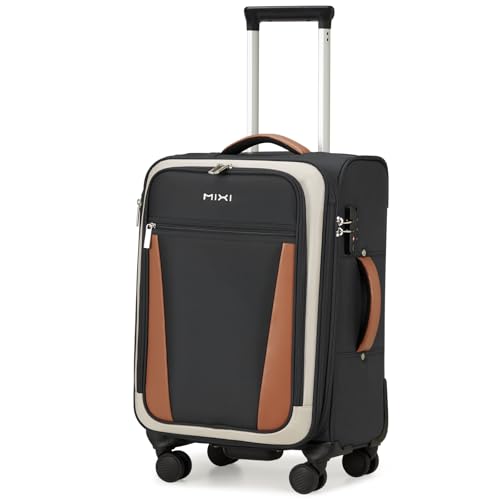 mixi Carry On Luggage 20 Inch Softside Expandable Suitcase with Front Pocket, 22x14x9 Airline Approved Rolling Lightweight Travel Suitcases with Wheels & TSA (Black-Off White)