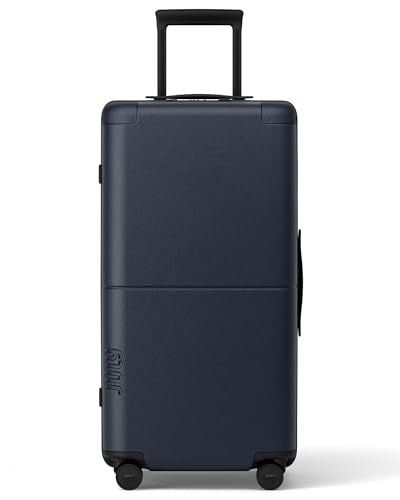 July Checked 80/20 with CaseSafe - 28.8" Built in Tracking, Airline Approved Check In Luggage with Wheels, Spinner Suitcase for Men & Women - Rolling Suitcase, Spinner Wheels, Y-Strap - Navy